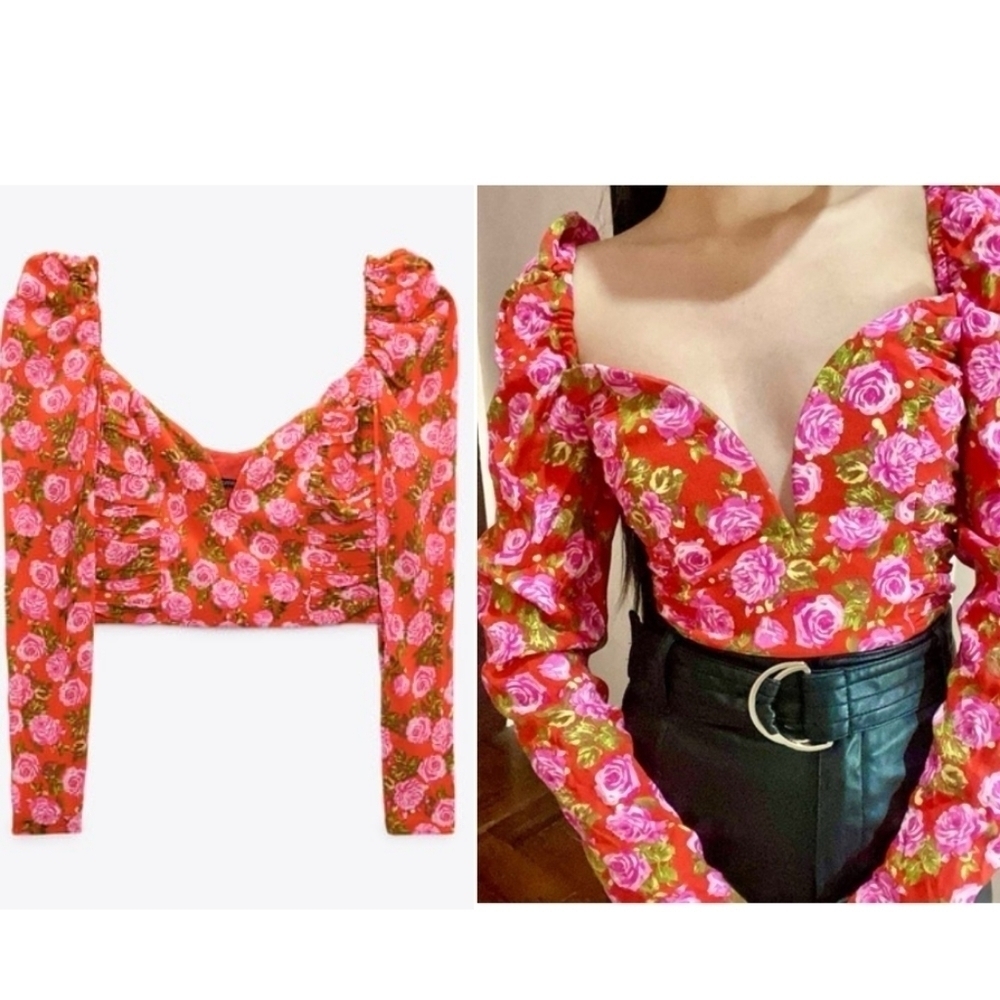 NWT Zara | Sweetheart crop top on pink floral